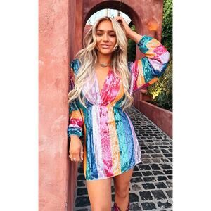 Show Me Your Mumu Kidman Mini Dress in Neon Stripe Sequins S